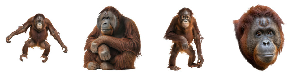 Set of Orangutan Head Portraits and Full Body Poses in Various Angles, Primate Wildlife Animal Collection with Gentle Character, Isolated on Transparent Background, PNG Oil Paint © botan
