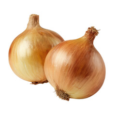 Two whole onions with golden brown papery skins, visible root ends, round bulb shapes, and natural subtle sheen, isolated on transparent background