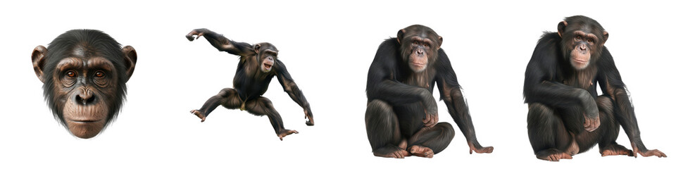 Set of Chimpanzee Head Portrait and Full Body Poses in Various Angles, Primate Wildlife Animal Collection Isolated on White, PNG Oil Paint