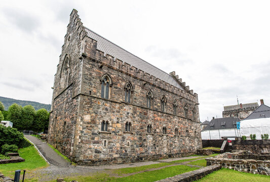 Medieval Bergenhus fortress in Bergen with its Hakonshallen