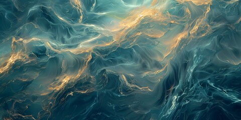 Obraz premium Image of cinematic bird eye view of liquid ocean geometry infinite shifting pattern layered fractal wave glowing surreal gold sapphire gradient plain neutral background raw DSLR photo natural daylight