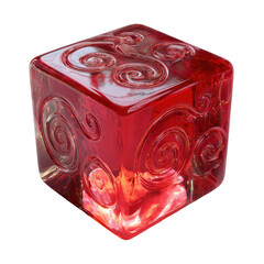 A glowing red decorative cube crafted from glossy translucent material with internal light and embossed spiral swirl patterns, isolated on transparent background.