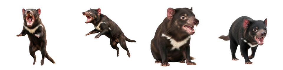 Set of Tasmanian Devil Full Body Poses in Various Angles, Australian Wildlife Animal Collection Isolated on White, PNG Oil Paint