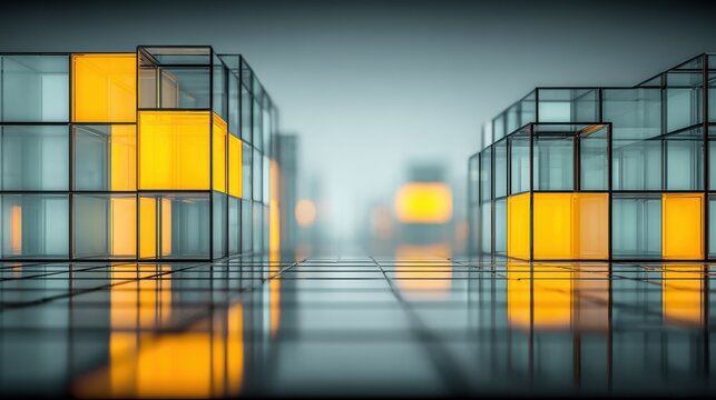 Abstract geometric background with architectural cubes, transparent surfaces and soft light. Versatile modern design suitable for a wide range of business and creative applications.