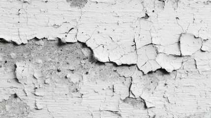 Obraz premium Surface shows extensive peeling and cracking of white paint on a wall. The damage reveals rough texture and underlying material enhancing its aged appearance.
