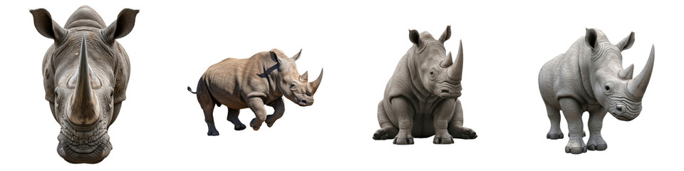 Fototapeta premium Set of Rhinoceros Head Portrait and Full Body Poses in Various Angles, African Wildlife Animal Collection Isolated on White, PNG Oil Paint