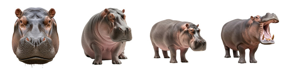 Fototapeta premium Set of Hippopotamus Head Portrait and Full Body Poses in Various Angles, African Wildlife Animal Collection Isolated on White, PNG Oil Paint