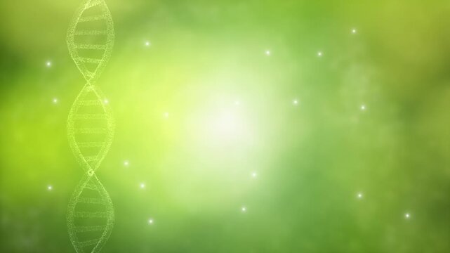 DNA helix background with soft green gradient and floating particles, featuring copy space on the right for text, science, healthcare or biotechnology content. Seamless looping.