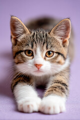 Gray and white tabby kitten stretches on a lavender surface, staring with amber eyes and soft whiskers.