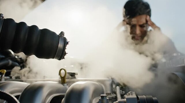 A man stands before an open car hood with steam rising from the engine. He looks stressed and frustrated because of a vehicle breakdown. Ideal for automotive insurance or repair services.