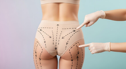 Young woman in Gray pink underwear with marks on her body against lilac background, back view. Liposuction concept