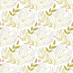 Lovely repeat pattern with leaves on a white background. Hand-draw style.