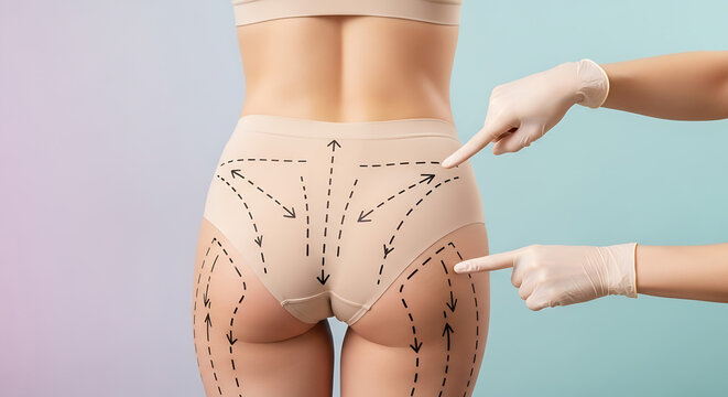 Young woman in Gray pink underwear with marks on her body against lilac background, back view. Liposuction concept