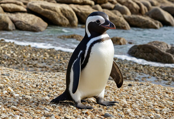 Fototapeta premium Sweet African Penguin, stands on a rocky beach near the ocean