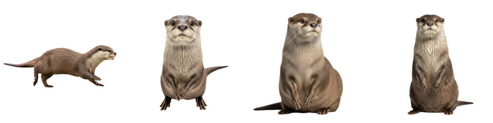 Set of Otter Full Body Poses and Front View Portraits in Various Angles, Semi-Aquatic Wildlife Animal Collection Isolated on White, PNG Oil Paint