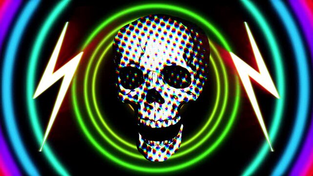 Skull animated in a pop-art style, with moving and lightning bolts, set against a hypnotic abstract background with added glitching.