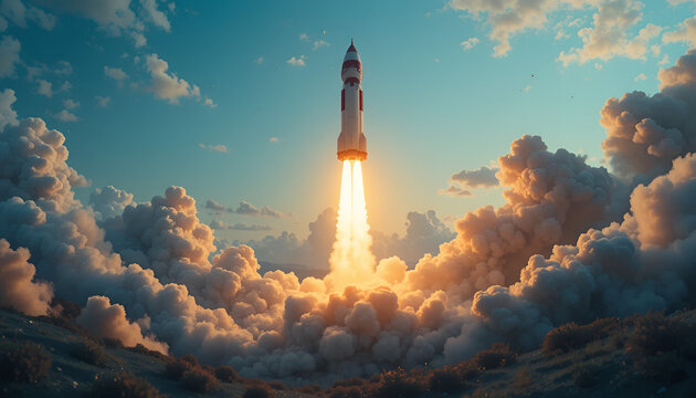 Rocket launching into sky with vibrant clouds and sunset light