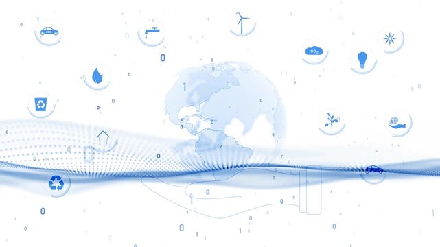 Abstract blue digital wave with sustainability icons on white background represents clean energy, renewable energy , data flow and eco in a modern environmental concept animation. Seamless looping. 