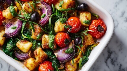 Naklejka premium Delicious roasted gnocchi with vibrant vegetables and herbs. A beautiful and colorful dish perfect for dinner. Enjoy this healthy meal anytime. Easy to prepare and very satisfying. AI