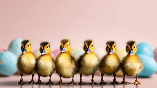 A small family of ducklings lined up next to each other, surrounded by colorful Easter eggs, perfect for greeting cards, festive events, and Easter celebrations.