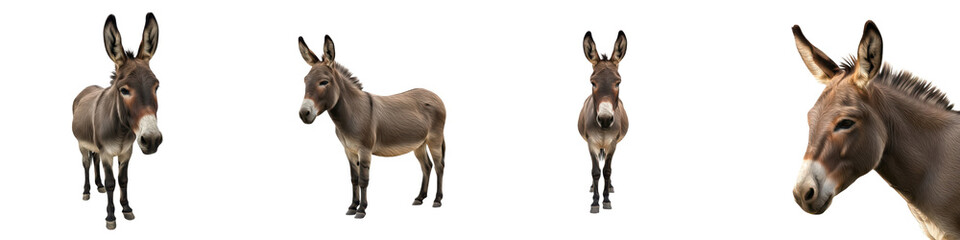 Set of Donkey Portraits and Full Body Poses in Various Angles, Farm Animal  Collection Isolated on White, PNG Oil Paint