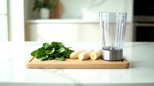 Fresh spinach and bananas are placed on a cutting board. A blender is ready for a healthy smoothie in a bright kitchen.