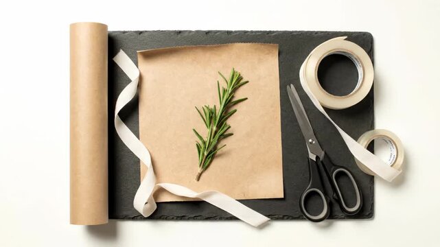 Crafting supplies are neatly arranged on a white background. Brown paper, ribbon, and rosemary create a natural aesthetic.