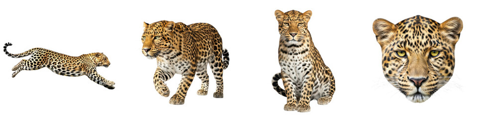 Set of Four Realistic Jaguar and Leopard Elements Including a Leaping Predator, a Walking Big Cat, a Sitting Cub, and a Detailed Head Portrait, Isolated on Transparent Background, PNG Oil Paint © botan