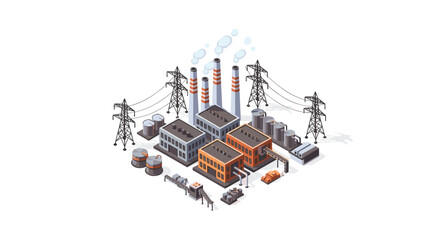 Large Scale Industrial Complex Isometric Illustration with Multiple Factory Buildings and Power Grid