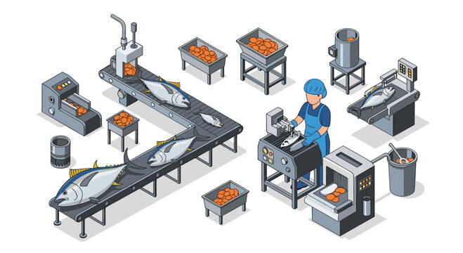 Isometric Fish Processing Factory Interior with Conveyor Belts Workers and Fresh Seafood Production