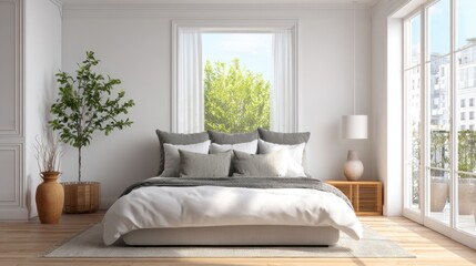 Naklejka premium Bright and airy bedroom featuring a large bed with multiple pillows a soothing color palette and large windows revealing greenery outside. A peaceful atmosphere invites relaxation.