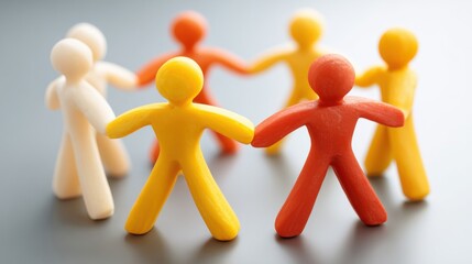 Colorful figures in various shades of red yellow and white are interconnected forming a circle that represents teamwork and collaboration in a playful arrangement.