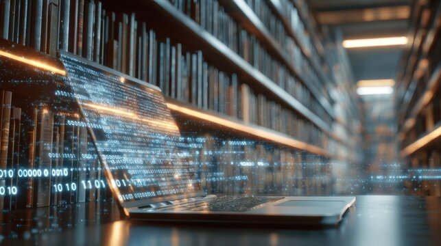 A laptop rests on a table in a modern library surrounded by tall bookshelves. Streams of binary code flow from the screen blending technology with traditional reading environments.