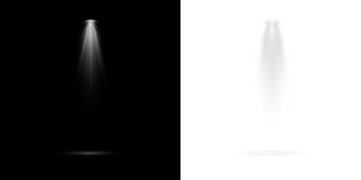 Volumetric white light rays shining down. Cinematic god rays or divine spotlight effect isolated on a transparent background for spiritual or stage design
