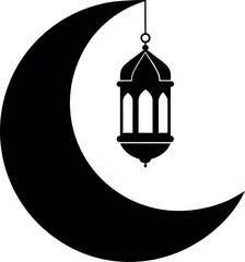 Obraz premium Crescent moon with hanging Ramadan lantern icon in black silhouette