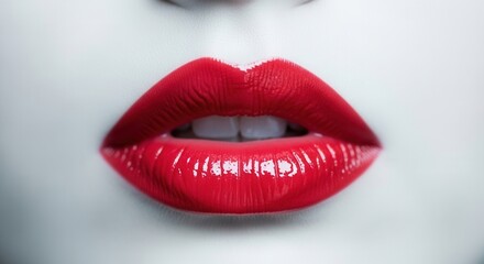 Obraz premium Striking Close-Up of Vibrant Red Glossy Lips Against Desaturated Skin, Emphasizing Boldness, Beauty, and Artistic Contrast