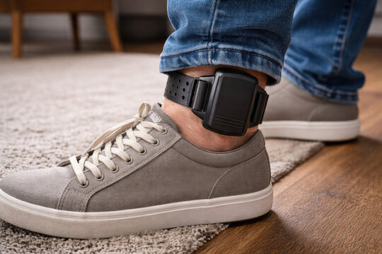 Electronic ankle monitoring bracelet on a person wearing casual shoes at home. House arrest, legal supervision, law enforcement, digital tracking, punishment and restricted freedom concept.