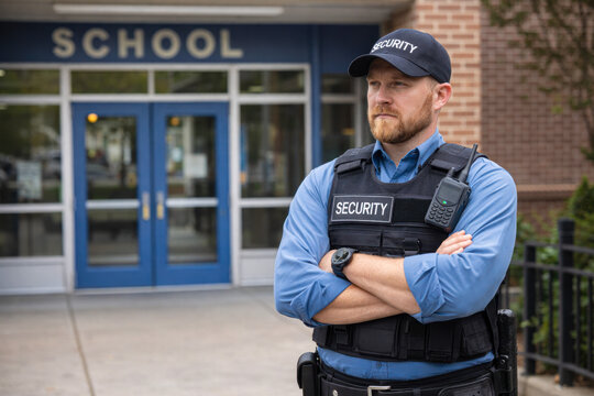 Security guard standing at a school entrance ensuring safety and order. School security, access control, child protection, public safety, responsibility and protection concept.