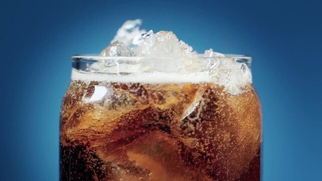 Fizzy cola soda pouring into glass with ice