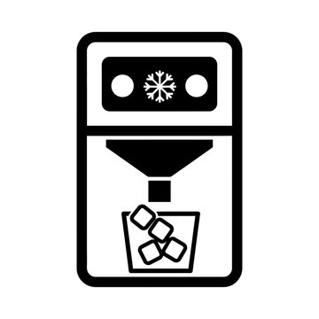 A black and white illustration of an ice maker dispensing ice cubes into a glass.