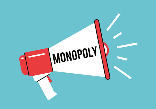 A red megaphone broadcasts the word "MONOPOLY" in bold black letters.