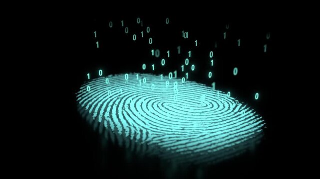 Biometric Fingerprint Scan with Binary Data particles 3D animation for cyber security authentication, digital identity verification, and futuristic hitech access control interfaces