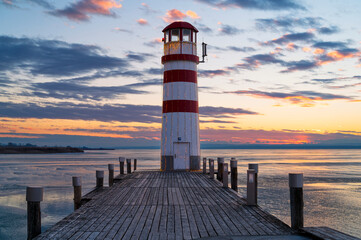 Winter Sunset Impression of lighthouse at Lake Neusiedl (Podersdorf am See, Burgenland, Austria)