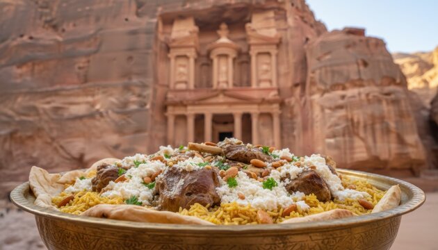 Traditional Jordanian mansaf dish with lamb rice topped with jameed cheese almonds parsley set against backdrop of ancient Petra Treasury building