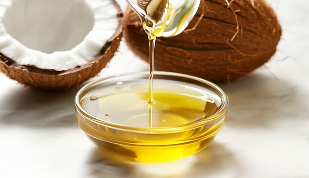 Golden coconut oil being poured from glass pitcher into small clear glass bowl, smooth stream of yellow oil flowing, small puddle of oil on white marble surface, fresh cracked coconut halves in backgr
