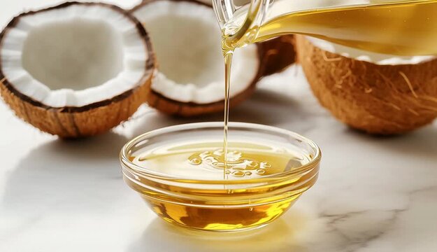 Golden coconut oil being poured from glass pitcher into small clear glass bowl, smooth stream of yellow oil flowing, small puddle of oil on white marble surface, fresh cracked coconut halves in backgr