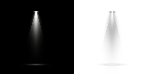 Volumetric white light rays shining down. Cinematic god rays or divine spotlight effect isolated on a transparent background for spiritual or stage design © A_stock