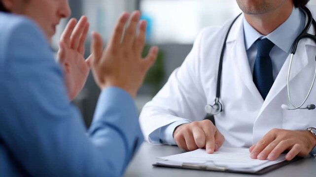 Doctor arguing with insurance agent during medical claim dispute at clinic desk with tense negotiation and paperwork