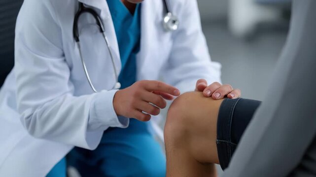 Doctor explaining knee pain diagnosis to patient during orthopedic consultation in clinic with hands pointing at sore knee