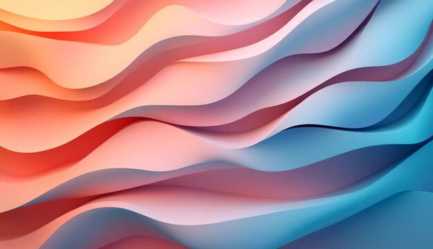Abstract flowing wavy layers in gradient colors from turquoise blue to coral red pink, smooth undulating paper-like sheets stacked horizontally